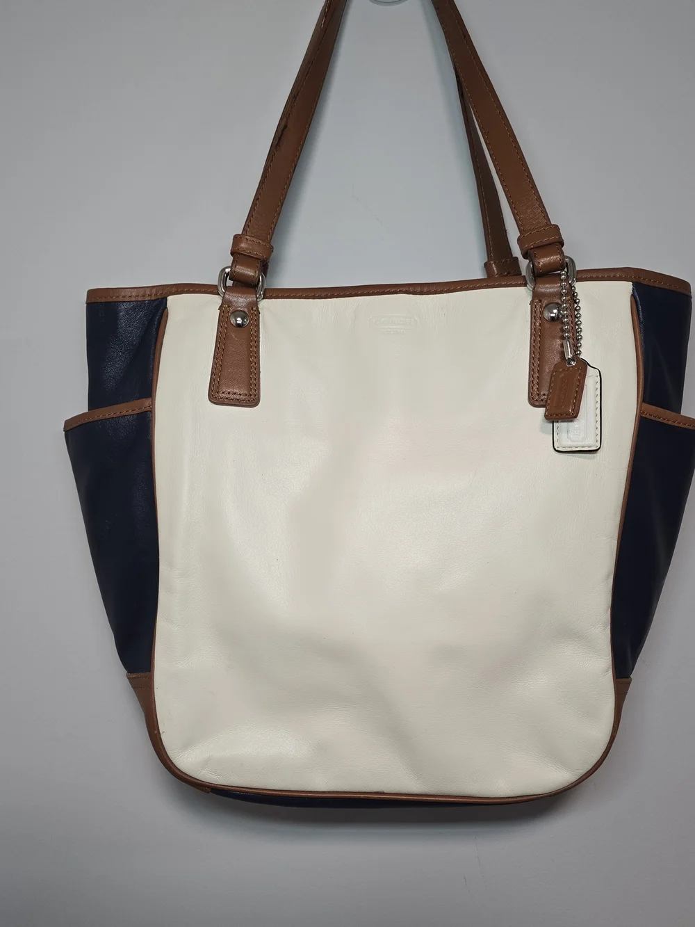 Coach Cream and Navy Tote with Brown Trim
